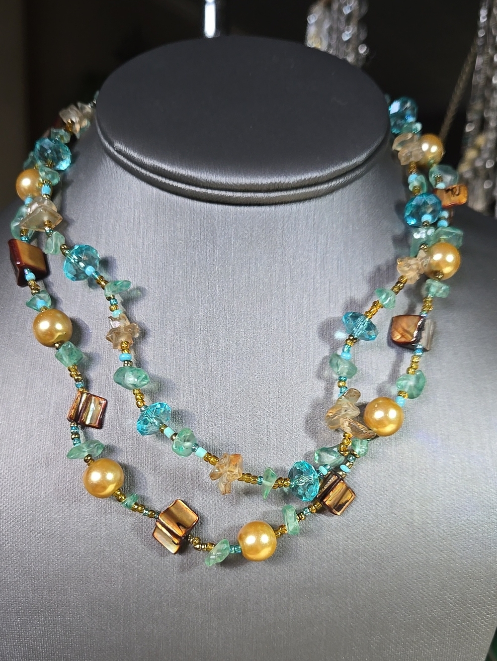 Gold and Aqua Beaded Double-Strand Women’s Necklace